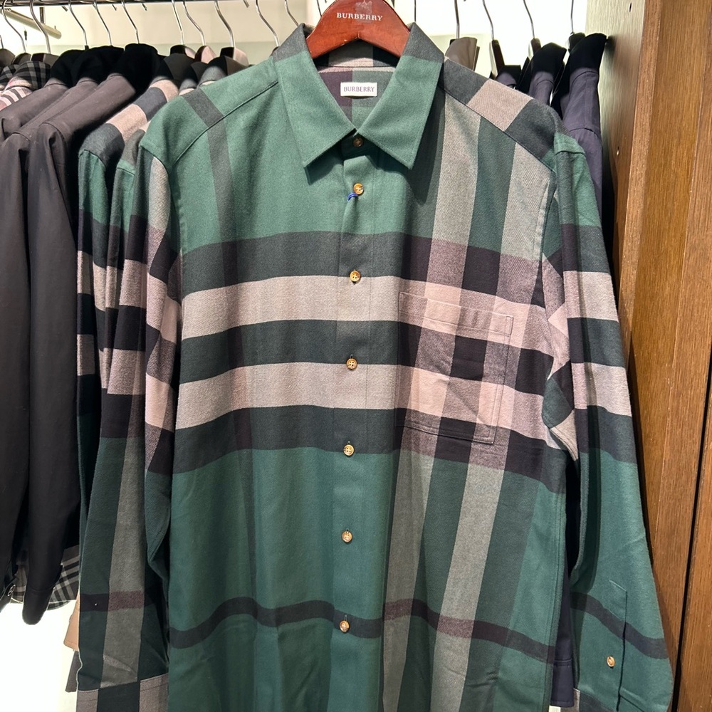 Burberry Men's Green and Gray Striped Shirt